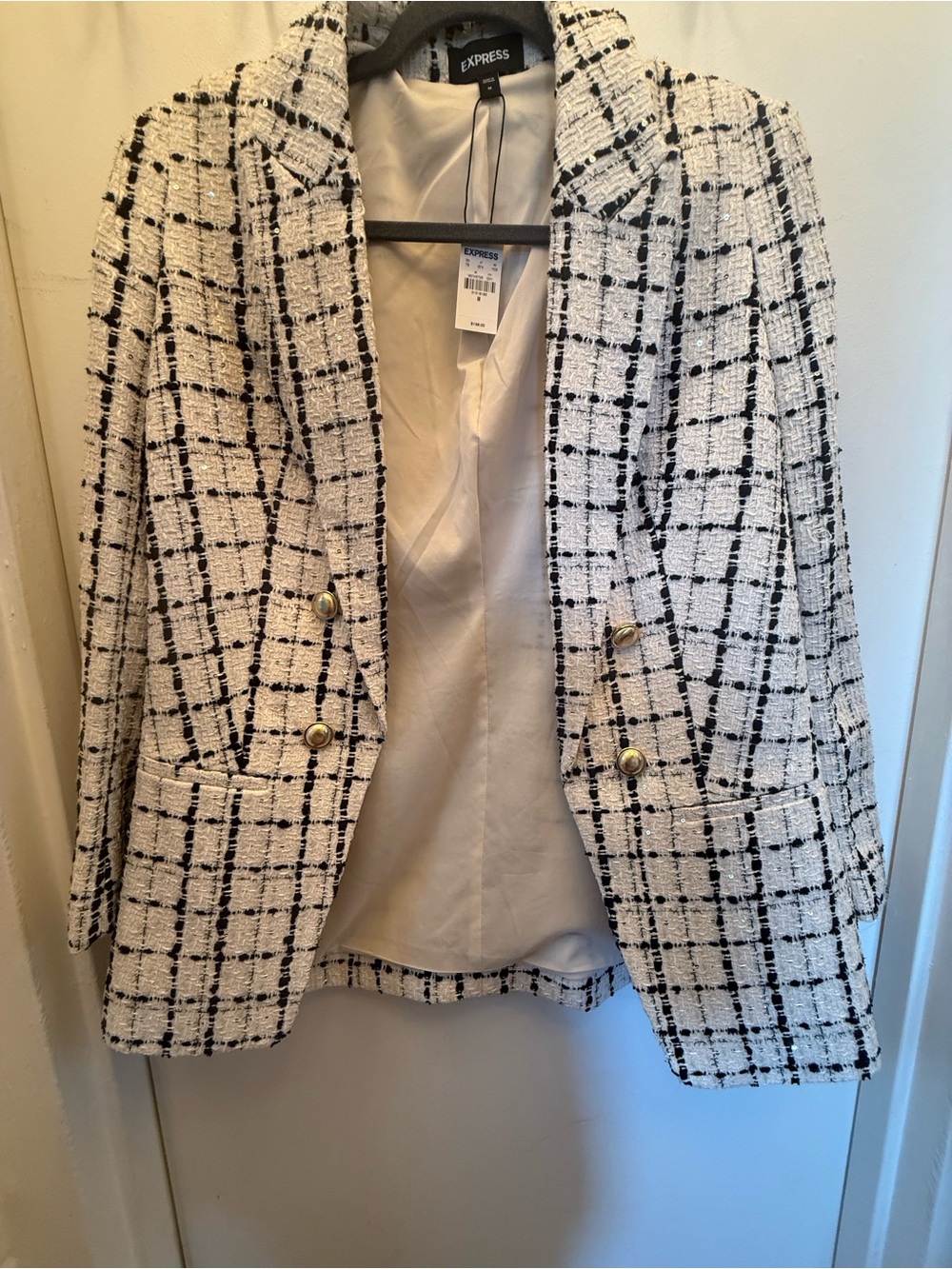 Express White and Black Tweed Double-Breasted Blazer
